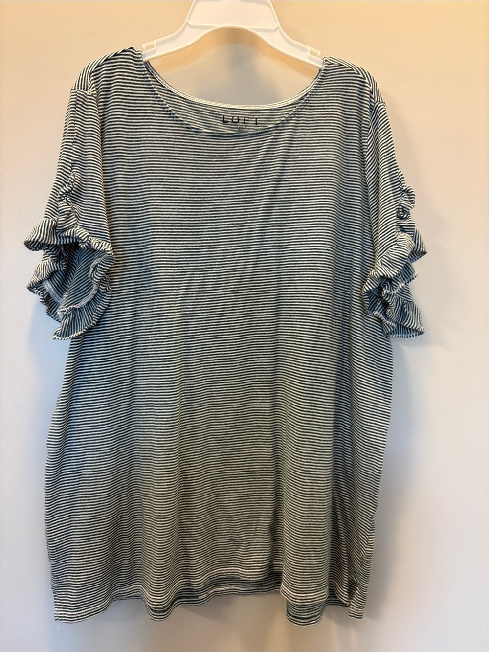 LOFT Green and White Striped Tee with Ruffled Short Sleeves, Size XL